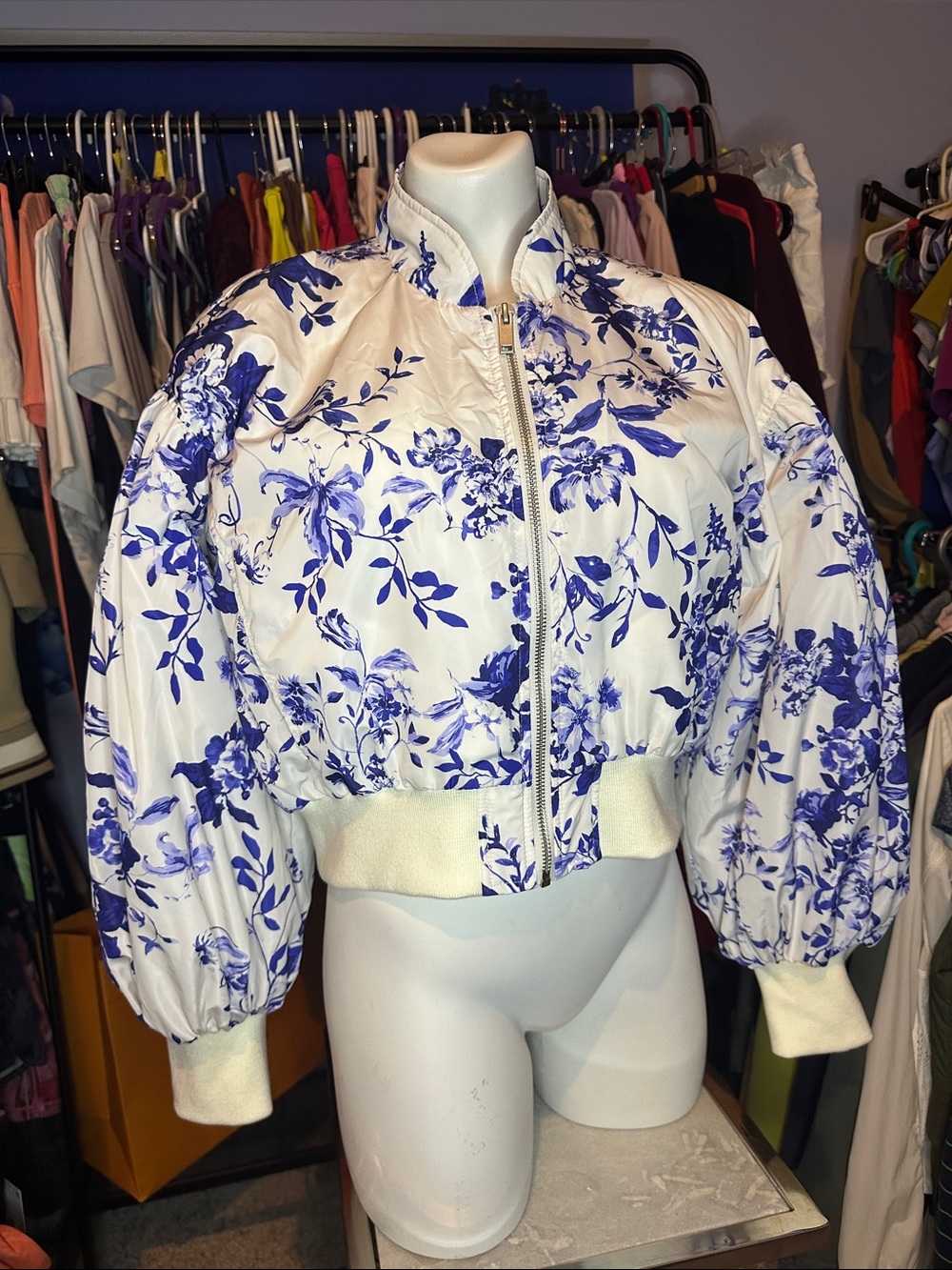 Anthropologie White Bomber Jacket with Blue Floral Print
